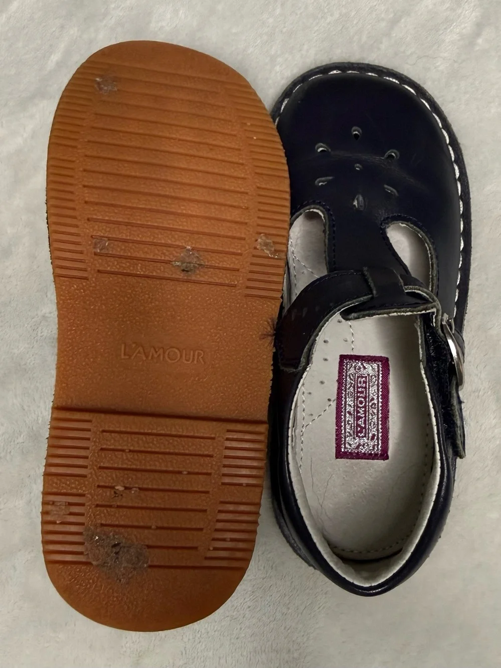 L’Amour Joy Classic Leather T-Strap Mary Jane in Navy Blue Girls sz 10